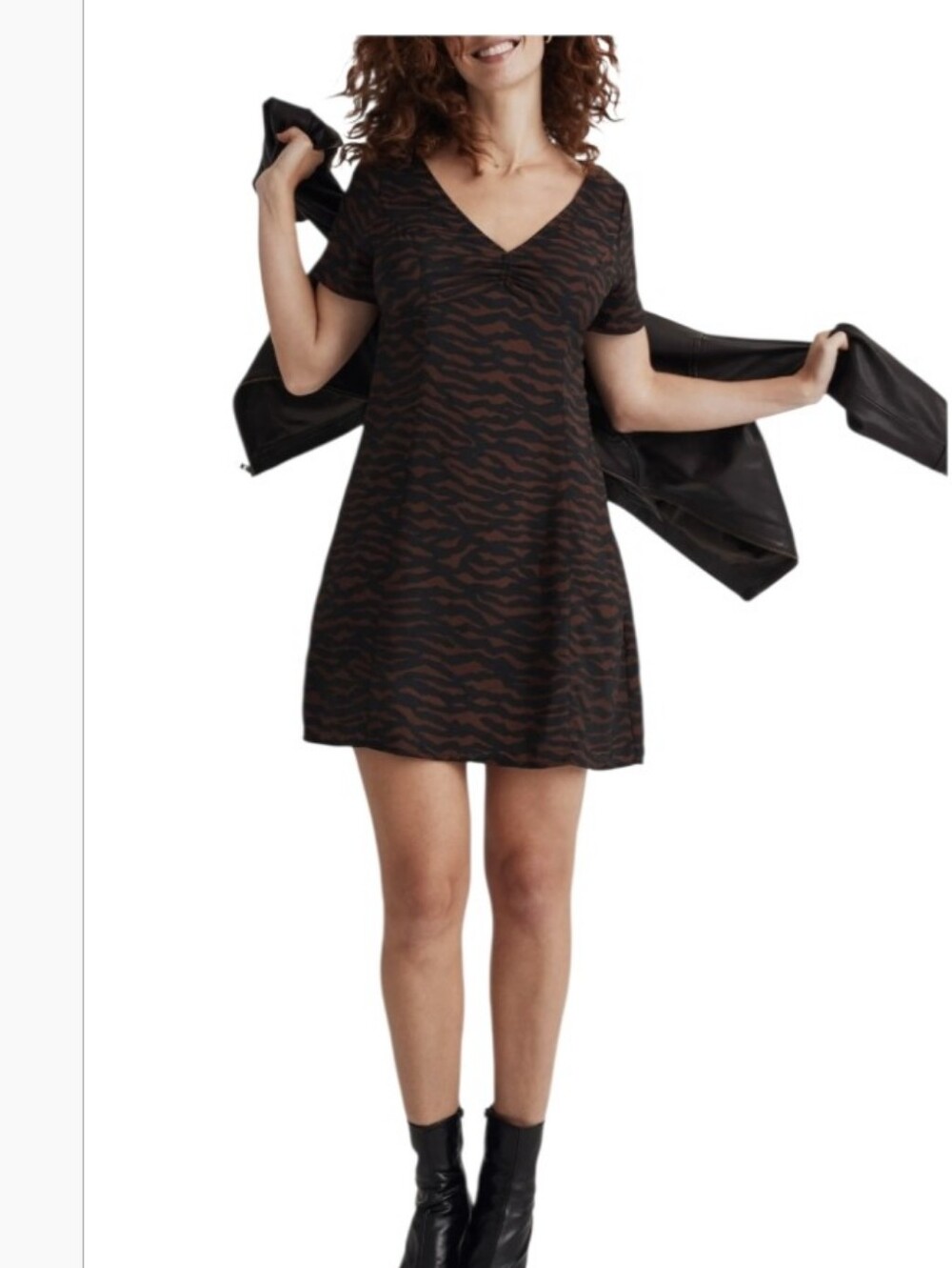 NWT. Madewell V-neck Mini Dress In Abstract Animal Sz.6  Brown/ Black